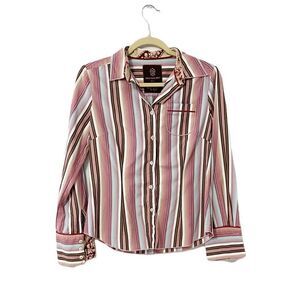 🟢Indigo Palms Chinos Women Button Front Shirt Multicolor Stripe Collar Pocket S